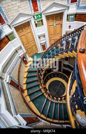 Aerial view of spiral staircase in Channing Hall, Surrey Street, Sheffield, Yorkshire, UK taken on 18 May 2018 Stock Photo