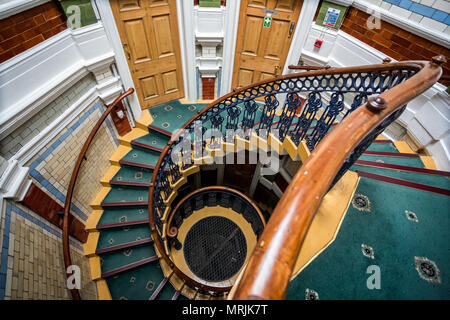 Aerial view of spiral staircase in Channing Hall, Surrey Street, Sheffield, Yorkshire, UK taken on 18 May 2018 Stock Photo