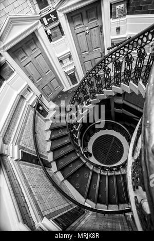 Black & White aerial view of spiral staircase in Channing Hall, Surrey Street, Sheffield, Yorkshire, UK taken on 18 May 2018 Stock Photo