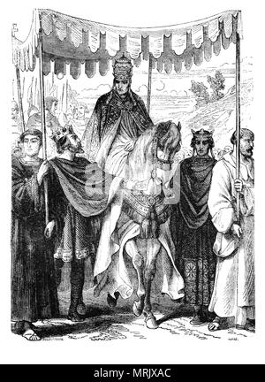 King Louis VII of France and King Henry II of England who recognized the authority of Pope Alexander III escorting him in France.  On 7 September 1159, Pope Alexander III was chosen as the successor of Pope Adrian IV. However a schism occured when a minority of the cardinals, however, elected the cardinal priest Octavian, who assumed the name of Victor IV and became the German Emperor's antipope and he received the approval of most of the kingdoms of Europe. Stock Photo