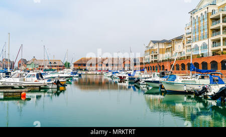 EASTBOURNE, SUSSEX, UK - MAY 20,2018: Opened in 1993, Sovereign Harbour in Eastbourne consists of four separate harbours, retail park and several hous Stock Photo