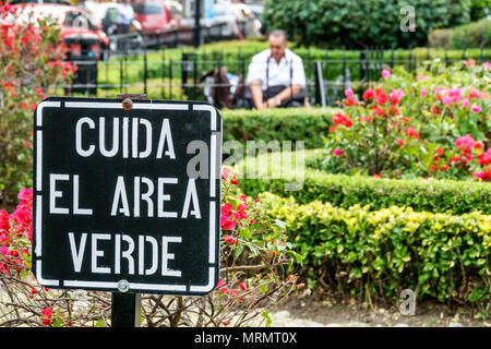 Mexico City,Hispanic,Mexican,Alvaro Obregon San Angel,Plaza del Carmen,public park,garden,sign,Spanish language,respect green are Stock Photo
