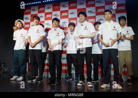 Tokyo, Japan. 27th May, 2018. Members of the Japan national team pose for the cameras after the eSports Asian Games Japan Qualifying at LFS Ikebukuro eSports Arena on May 27, 2018, Tokyo, Japan. The event organized by Japan eSports Union (JESU) had players to competing to represent Japan in the 18th Asian Games Jakarta-Palembang 2018, which will be held in Indonesia in August. Credit: Rodrigo Reyes Marin/AFLO/Alamy Live News Credit: Aflo Co. Ltd./Alamy Live News Stock Photo