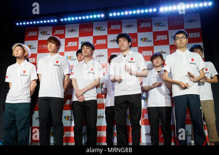 Tokyo, Japan. 27th May, 2018. Members of the Japan national team pose for the cameras after the eSports Asian Games Japan Qualifying at LFS Ikebukuro eSports Arena on May 27, 2018, Tokyo, Japan. The event organized by Japan eSports Union (JESU) had players to competing to represent Japan in the 18th Asian Games Jakarta-Palembang 2018, which will be held in Indonesia in August. Credit: Rodrigo Reyes Marin/AFLO/Alamy Live News Credit: Aflo Co. Ltd./Alamy Live News Stock Photo