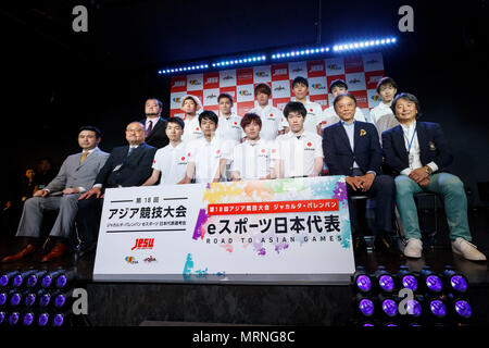 Tokyo, Japan. 27th May, 2018. Members of the Japan national team and organizers pose for the cameras after the eSports Asian Games Japan Qualifying at LFS Ikebukuro eSports Arena on May 27, 2018, Tokyo, Japan. The event organized by Japan eSports Union (JESU) had players to competing to represent Japan in the 18th Asian Games Jakarta-Palembang 2018, which will be held in Indonesia in August. Credit: Rodrigo Reyes Marin/AFLO/Alamy Live News Credit: Aflo Co. Ltd./Alamy Live News Stock Photo