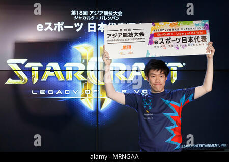 Tokyo, Japan. 27th May, 2018. eSports player PSiArc celebrates his victory after being selected for the Japan national team during the eSports Asian Games Japan Qualifying at LFS Ikebukuro eSports Arena on May 27, 2018, Tokyo, Japan. The event organized by Japan eSports Union (JESU) had players to competing to represent Japan in the 18th Asian Games Jakarta-Palembang 2018, which will be held in Indonesia in August. Credit: Rodrigo Reyes Marin/AFLO/Alamy Live News Credit: Aflo Co. Ltd./Alamy Live News Stock Photo