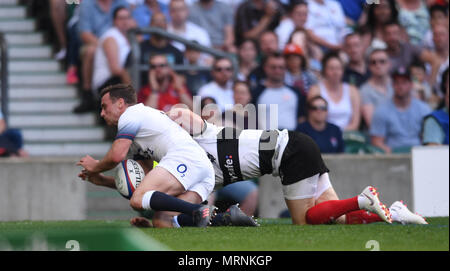 Twickenham Stadium, London, UK. 27th May, 2018. International Rugby friendly, England versus Barbarians; Chris Ashton of The Barbarians and George Ford of England dive on the ball over the try line Credit: Action Plus Sports/Alamy Live News Stock Photo