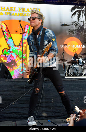 Napa Valley, California, May 26, 2018, Guitarist for Michael Franti’s band Spearhead on stage at the 2018 BottleRock Festival in Napa California.
