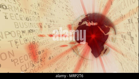 Digital technology news background. World globe towards the light. Cyber space with dynamic keywords motive. Stock Photo