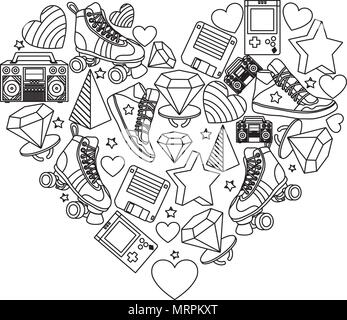 line old retro things decoration inside art heart Stock Vector