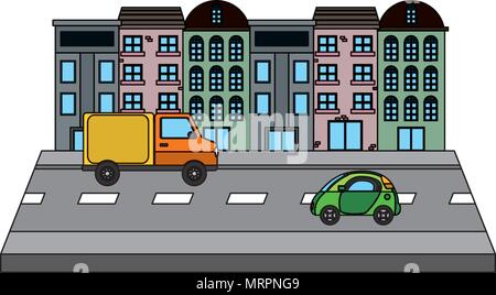 color city building with urban trucks in the street Stock Vector