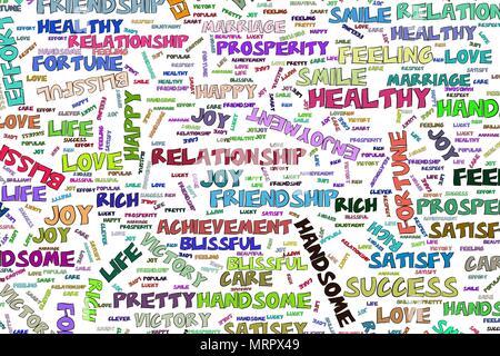 Illustrations of positive emotion word cloud. Good for web page, wallpaper, graphic design, catalog, texture or background. Vector graphic. Stock Vector