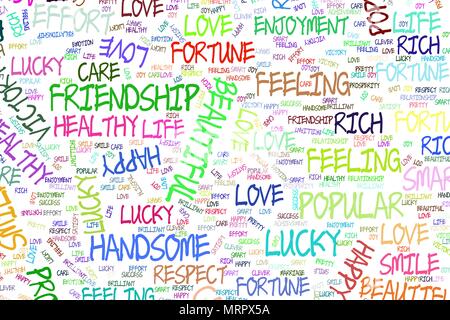 Illustrations of positive emotion word cloud. Good for web page, wallpaper, graphic design, catalog, texture or background. Vector graphic. Stock Vector