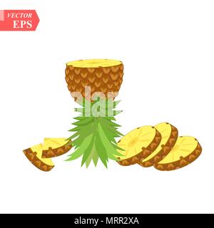 Bright vector set of colorful half, slice and whole of pineapple. Fresh cartoon exotic fruit isolated on white background. Stock Vector