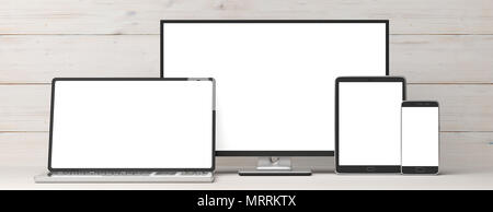 Set of realistic blank monitors, responsive design. Computer monitor, laptop, tablet and smartphone on wooden background, copy space. 3d illustration Stock Photo