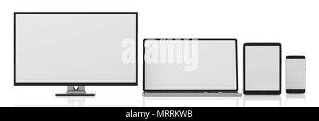 Set of realistic blank monitors, responsive design. Computer monitor, laptop, tablet and smartphone isolated on white background, copy space. 3d illus Stock Photo