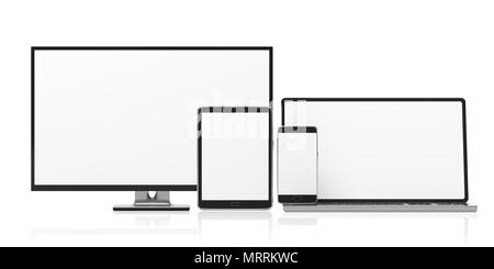 Set of realistic blank monitors, responsive design. Computer monitor, laptop, tablet and smartphone isolated on white background, copy space. 3d illus Stock Photo
