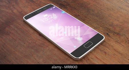 Smartphone, mobile phone with purple screen on wooden background. 3d illustration Stock Photo