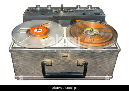 Old retro tape player on isolated white background with clipping path. Stock Photo