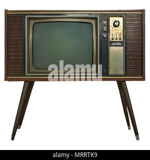Vintage TV : old retro TV set in wooden cabinet on isolated white background with clipping path. Stock Photo