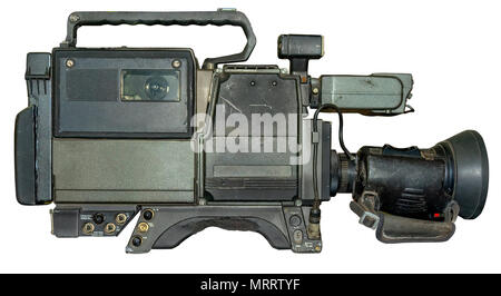 VINTAGE CAMCORDER. Old portable video camera on isolated white background with clipping path. Stock Photo