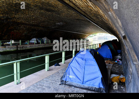 La Villette Migrant Camp in Paris, Canal d'Aubervilliers - France Stock Photo