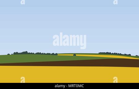 Farm landscapes with green, brown and yellow fields with trees in the background, Beautiful rural nature - Vector Illustration Stock Vector
