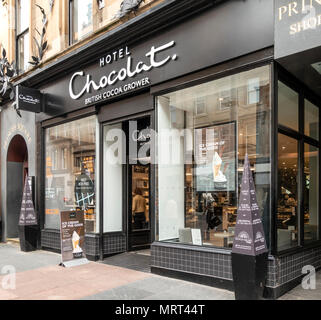 Entrance and shop windows of Hotel Chocolat, chocolatier, on Buchanan Street, Glasgow, Scotland, UK