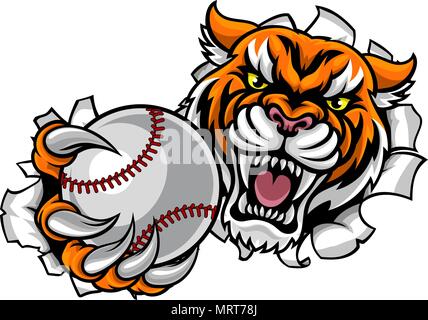 Tiger Holding Baseball Ball Breaking Background Stock Vector