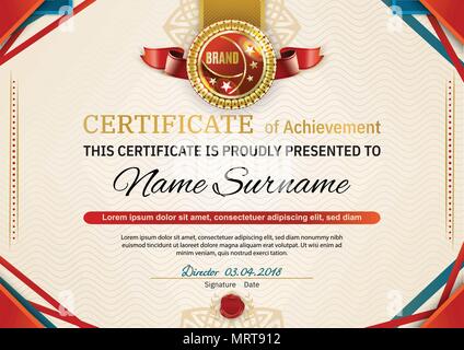 Official retro certificate with red gold design elements. Red ribbon and red emblem. Vintage modern blank Stock Vector