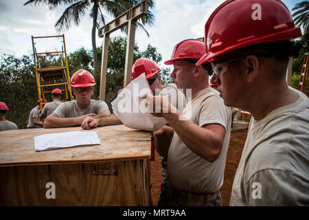 Innovative Readiness Training (IRT) is a Department of Defense program integrating military training with community service projects. The archival image documents noncommissioned officers of the Ohio Air National Guard 200th RED HORSE Squadron reviewing engineering plans in Kapaa, Hawaii, on July 2, 2017, during an IRT construction assignment. Stock Photo