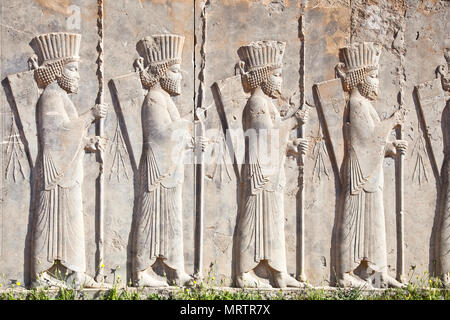 Bass relief decoration in central part of Persepolis complex, next to Palace of 100 columns , Iran Stock Photo