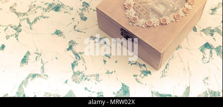 Banner Wooden box in vintage style on textured background. Flat lay top view Stock Photo