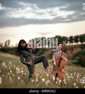 Female musical duet with violin and cello plays on flowering meadow against backdrop of picturesque landscape. Stock Photo