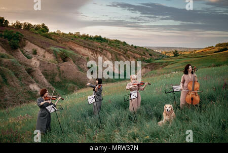 Female musical quartet with three violins and one cello plays on flowering meadow against backdrop of picturesque landscape next to sitting dog. Stock Photo