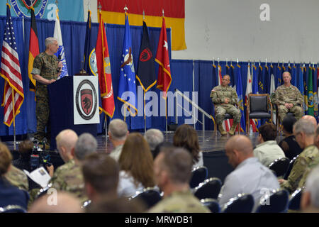 U.S. Marine Corps Gen. Thomas D. Waldhauser, commander of U.S. Africa Command, speaks during a change of command ceremony for Special Operations Command Africa at Kelley Barracks, Stuttgart, Germany, June 29, 2017. Special Operations Command Africa supports U.S. Africa Command by counter violent extremist organizations, building the military capacity of key partners in Africa and protecting U.S. personnel and facilities. (U.S. Army photo by Visual Information Specialist Jason Johnston.) Stock Photo