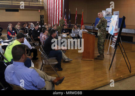 Maj. Gen. Victor Braden, the commanding general of the 35th Infantry Division, and other Kansas and Missouri National Guard leaders, met with civilian employers of their soldiers during an Employer Support of the Guard and Reserve event at the 18th Street Armory in Kansas City, Kansas, April 13. Stock Photo