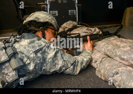 Claire A. Charles served as a specialist and public affairs specialist with the 109th Mobile Public Affairs Detachment, 213th Regional Support Group, Pennsylvania Army National Guard. On July 8, 2017, she conducted marksmanship practice using an Engagement Skills Trainer at Fort Indiantown Gap, Pennsylvania. The archival image documents simulator-based weapons training within the Army National Guard. Stock Photo