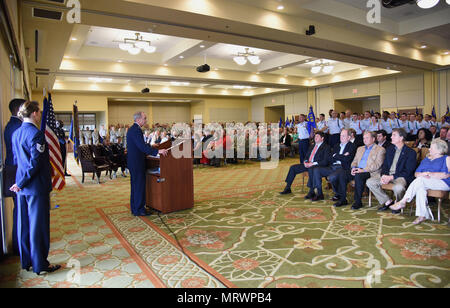 Maj. Gen. Bob LaBrutta, 2nd Air Force commander, delivers remarks during the 81st Training Wing change of command ceremony at the Bay Breeze Event Center June 2, 2017, on Keesler Air Force Base, Miss. Col. Michele Edmondson passed on command of the 81st Training Wing to Col. Debra Lovette. (U.S. Air Force photo by Kemberly Groue) Stock Photo