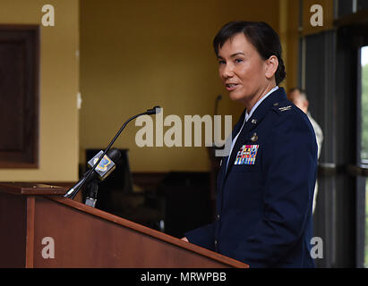Col. Debra Lovette, 81st Training Wing commander, gives her speech during a change of command ceremony at the Bay Breeze Event Center June 2, 2017, on Keesler Air Force Base, Miss. Lovette assumed command from Col. Michele Edmondson. (U.S. Air Force photo by Kemberly Groue) Stock Photo