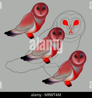 Vintage mystical picture owl in scarlet colors on black background. Burgundy silk drape flowing like blood. youth abstract art Stock Vector