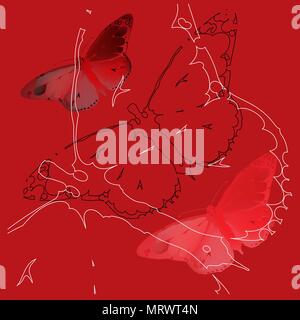 Vintage mystical picture butterflyin scarlet colors on black background. Burgundy silk drape flowing like blood. youth abstract art Stock Vector