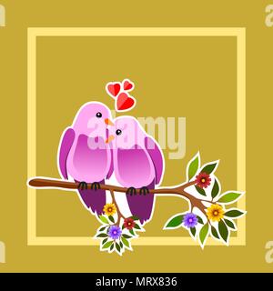 Floral frame with two passionate birds on a branch. Vector illustration. Stock Vector