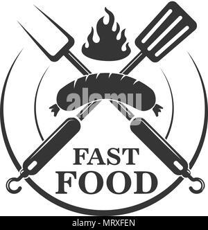 Fast food cafe emblem template. Crossed fork and kitchen spatula with sausage. Design element for logo, label,sign. Vector illustration Stock Vector