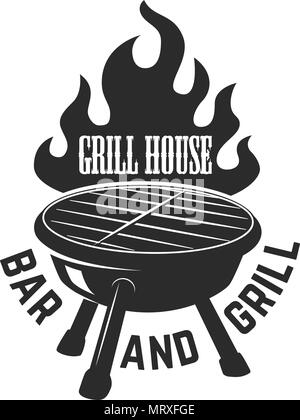 Grill house. Bbq illustration with fire. Design element for logo label emblem sign. Vector image Stock Vector Image Art Alamy