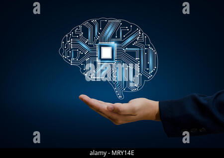 AI Hand Businesspeople press the phone. Brain Graphic Binary Blue Technology Stock Photo
