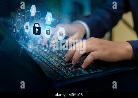 Press enter button on the computer. Key lock security system abstract technology world digital link cyber security on hi tech Dark blue background, En Stock Photo
