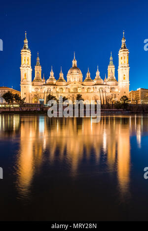 Cathedral of Our Lady of the Pillar at dusk. Zaragoza, Aragon, Spain, Europe Stock Photo