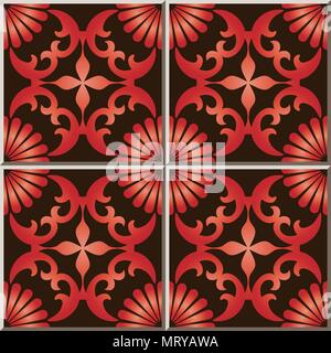 Ceramic tile pattern gradient red round cross flower kaleidoscope, oriental interior floor wall ornament elegant stylish design Stock Vector