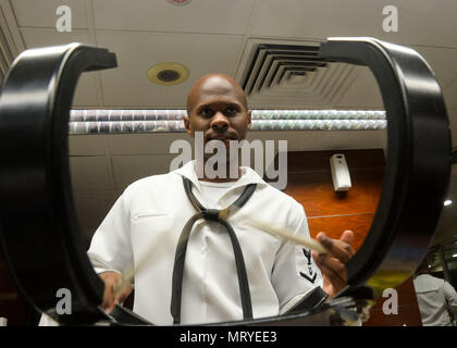 170715-N-ED185-028  HONG KONG (July 15, 2017) -- Musician 3rd Class Micah Lewis drummer for the U.S. 7th Fleet Band, practices before a performance at the 2017 International Military Tattoo. During the International Military Tattoo, the U.S. 7th Fleet band performed with military bands from countries from China, Mongolia, The Netherlands, Scotland and Russia. (U.S. Navy photo by Mass Communication Specialist 1st Class Brian G. Reynolds) Stock Photo